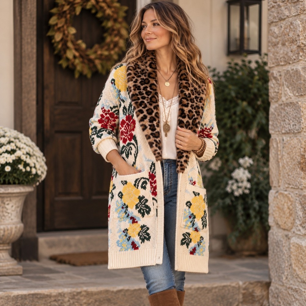 Aratta Silent Journey Cardigan Sweater Leopard Collar Cream Floral Woman's M GUC